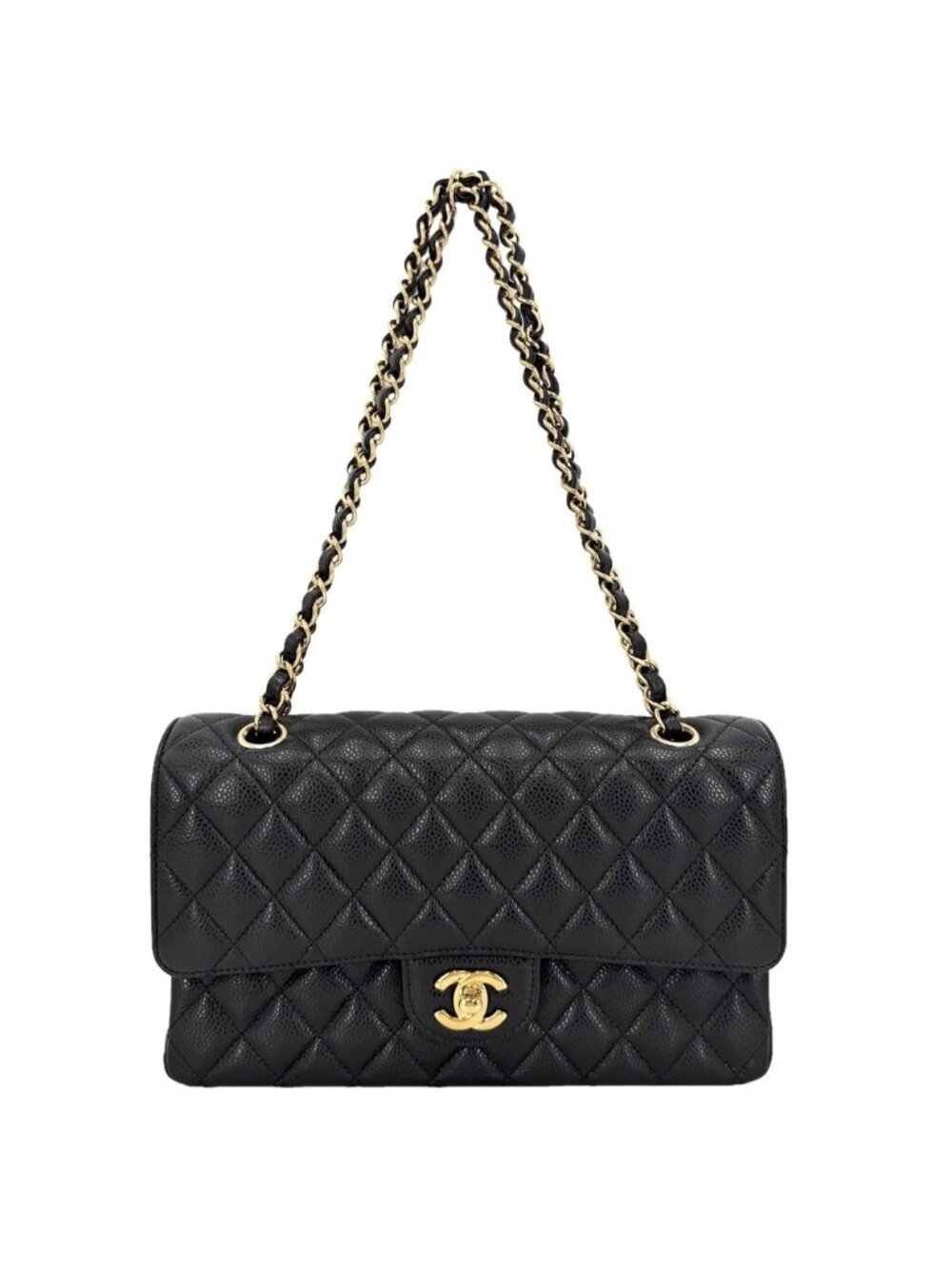 Chanel Shoulder Bag Quilted 25 Double Chain CC Logo Flap Crossbody Caviar
